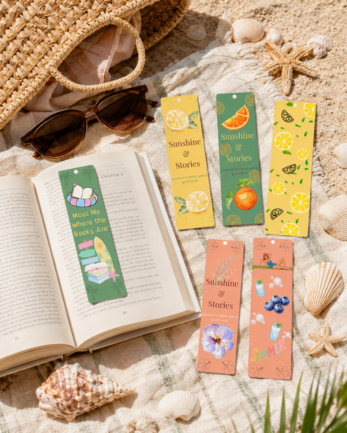 Summer Printable Bookmarks Bundle, 6 Bookmarks, Book Lover Gift, Lemon Citrus, Blueberry, Orange, Beach Reading, Instant Download PNG PDF