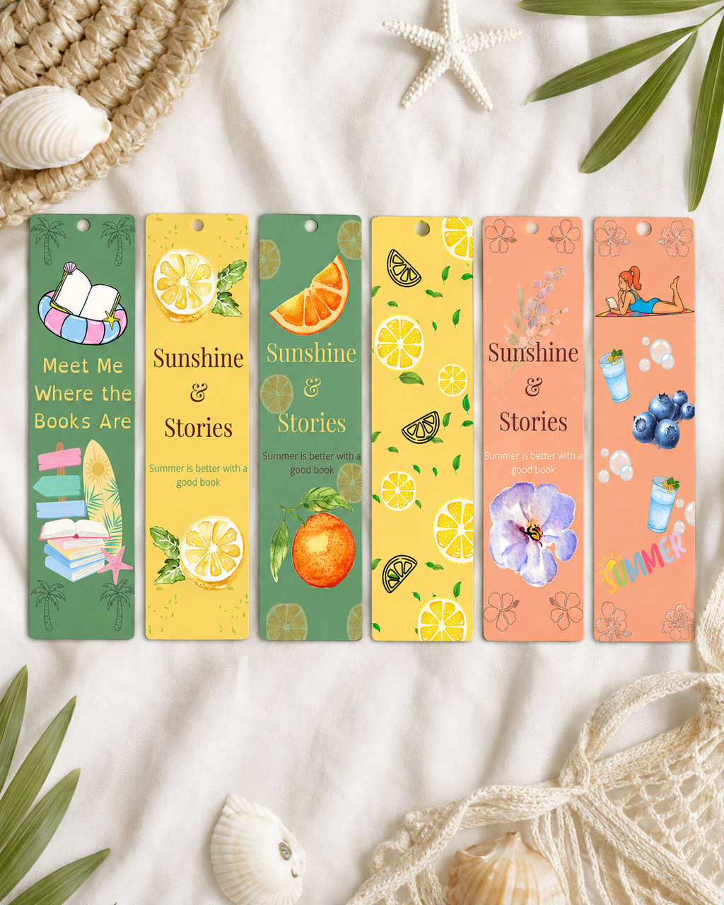 Summer Printable Bookmarks Bundle, 6 Bookmarks, Book Lover Gift, Lemon Citrus, Blueberry, Orange, Beach Reading, Instant Download PNG PDF