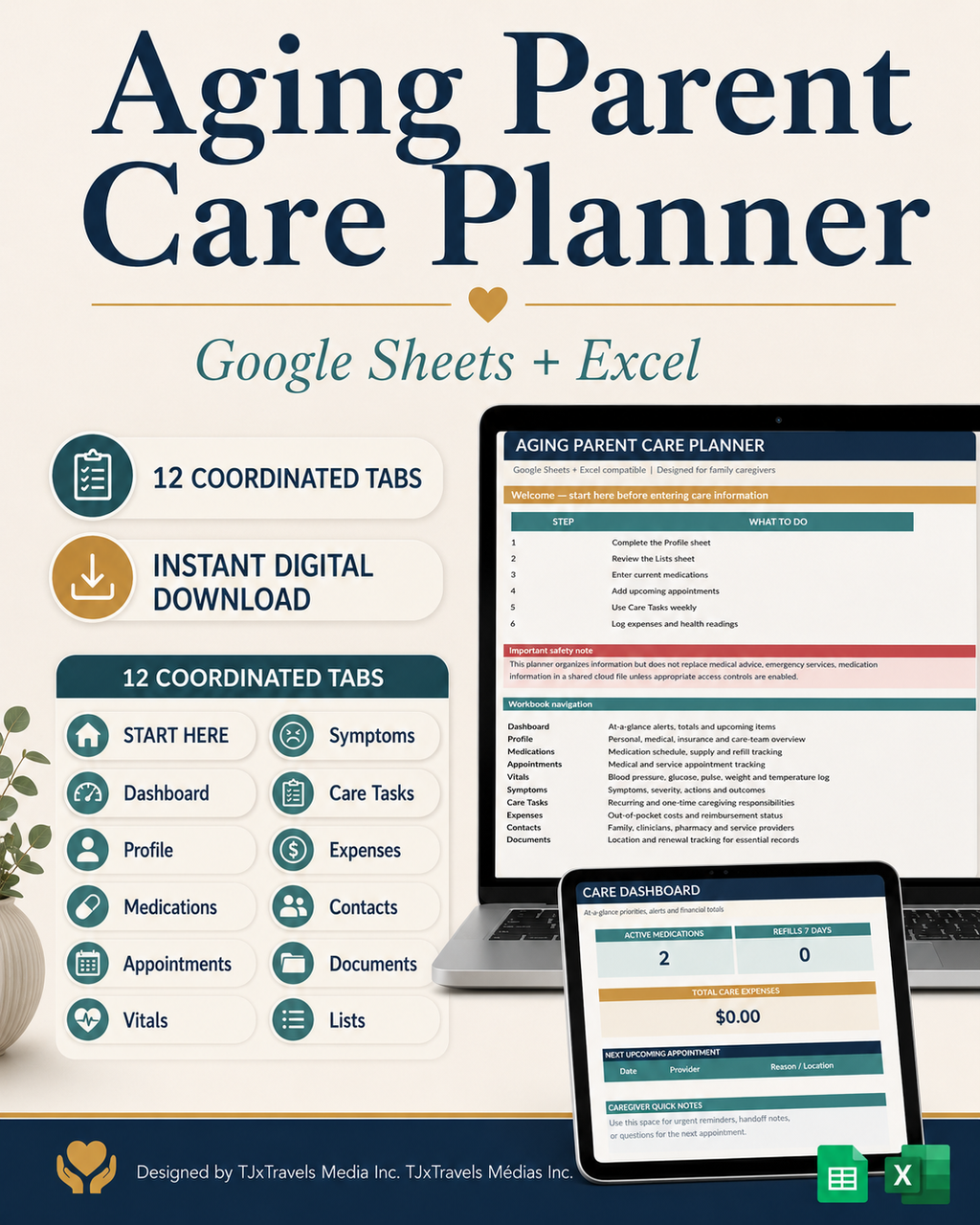 Aging Parent Care Planner Spreadsheet, Medication, Appointment & Expense Tracker, Google Sheets + Excel